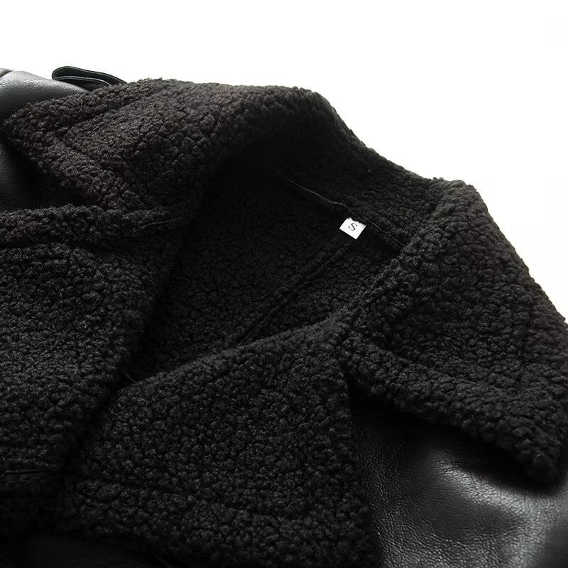 Women's Coat 2025 Autumn New Style Black Long-Sleeve Leather and Fur Integrated Coat with Belt High-End Outerwear Elegant