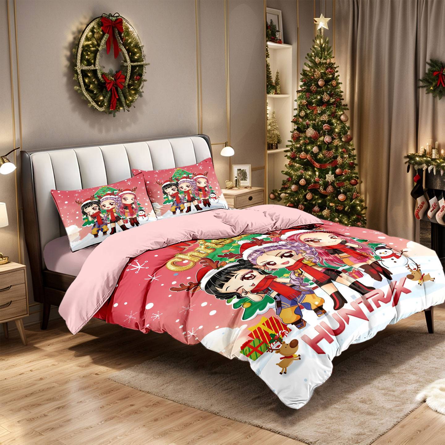 Conjunto de Colcha de Natal K-Pop Demon Hunters com Estampa Sem Lascas (3 Peças) para Quarto/Dormitório, Lavável à Máquina