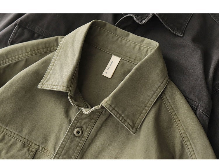 2025 Spring New American Retro Heavyweight Woven Cargo Shirt Men's Simple 100% Cotton Washed Double Pocket Blousers Loose Caot