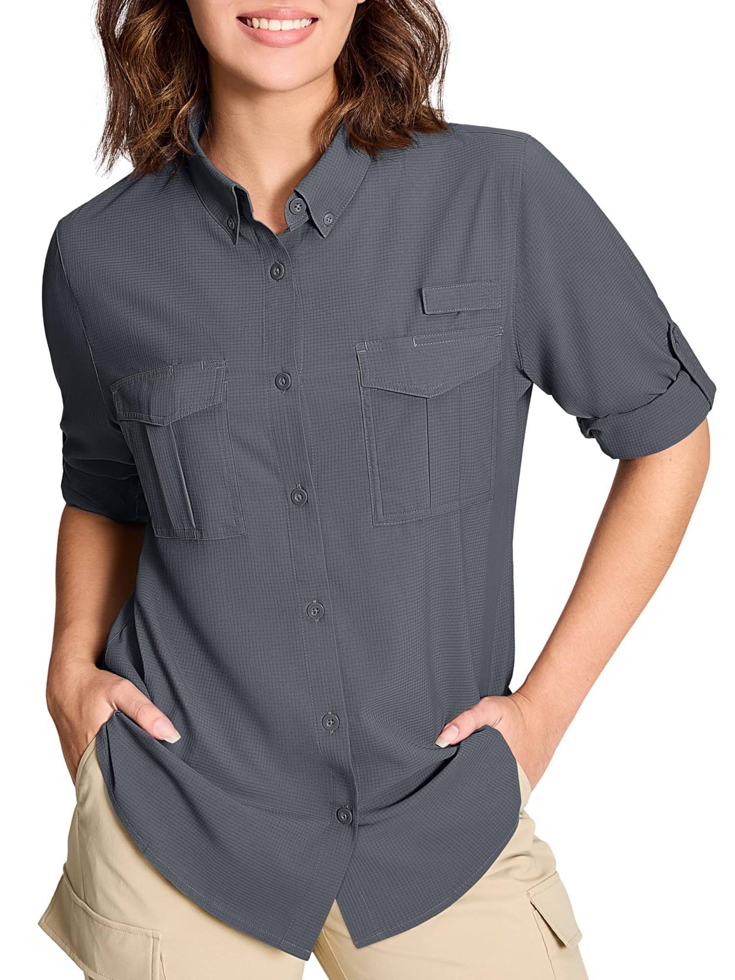 TACVASEN Womens UPF 50+ Fishing Shirts UV Block Quick Dry Long Sleeve Cargo Shirts Breathable Mesh Outdoor Trekking Hiking Shirt