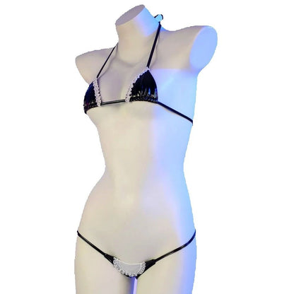 Cute lolita Bikini Sets Black Maid Bathing Suits Leather Bra With Lace Underwear Low Waist Swimsuit