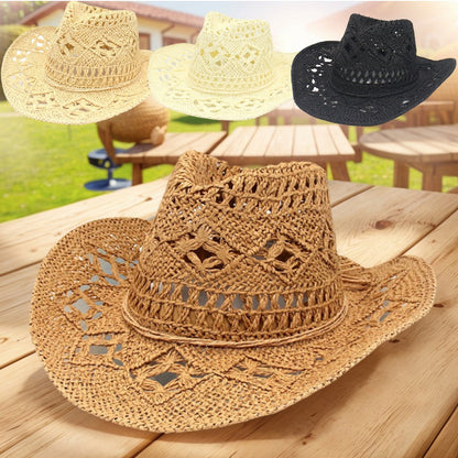 Chapéu de Sol Boêmio de Verão com Conchas, Chapéu de Cowboy Feminino e Masculino Dobrável Vazado de Palha com Aba Larga para Férias