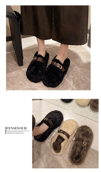 Women Warm Fur Flats Shoes 2025 Autumn Winter Vintage Fashion Shallow Mouth Buckle Ladies Comfort Loafers Shoes Zapatos Mujer