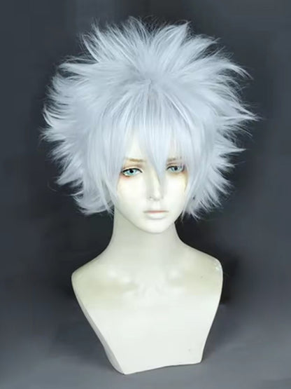High Quality Anime Hunter Killua Zoldyck Cosplay Wig 30cm Short Silver White Heat Resistant Synthetic Hair Party Wigs + Wig Cap