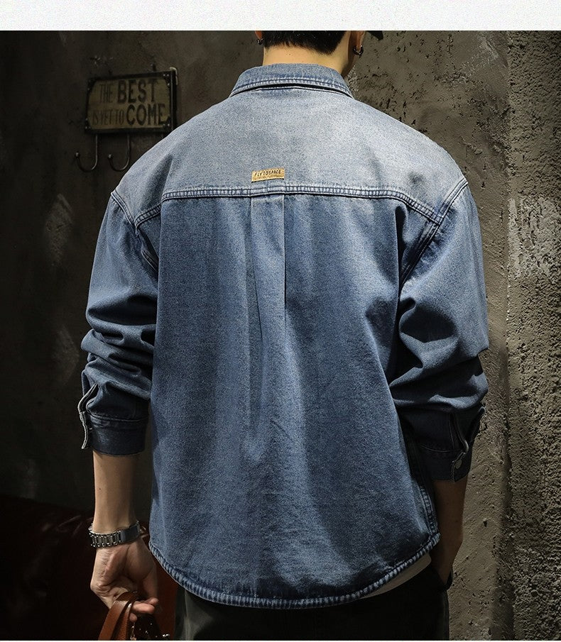 American Sle Heavyweight Men's Denim irt Loose Workwear Jaet Casual Long Sve Breathable Moisture ng Pure Color