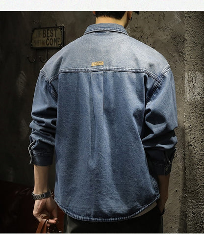 American Sle Heavyweight Men's Denim irt Loose Workwear Jaet Casual Long Sve Breathable Moisture ng Pure Color