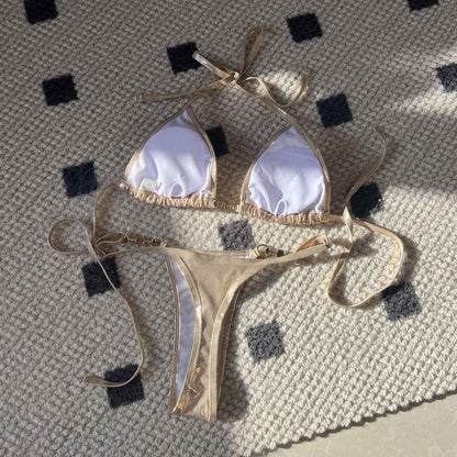 Shiny Pink Micro Bikini 2025 Mujer Women Sexy PU Pearls Push Up Thong Swimsuit Summer Bathing Suit Bandage Holiday Swimwear