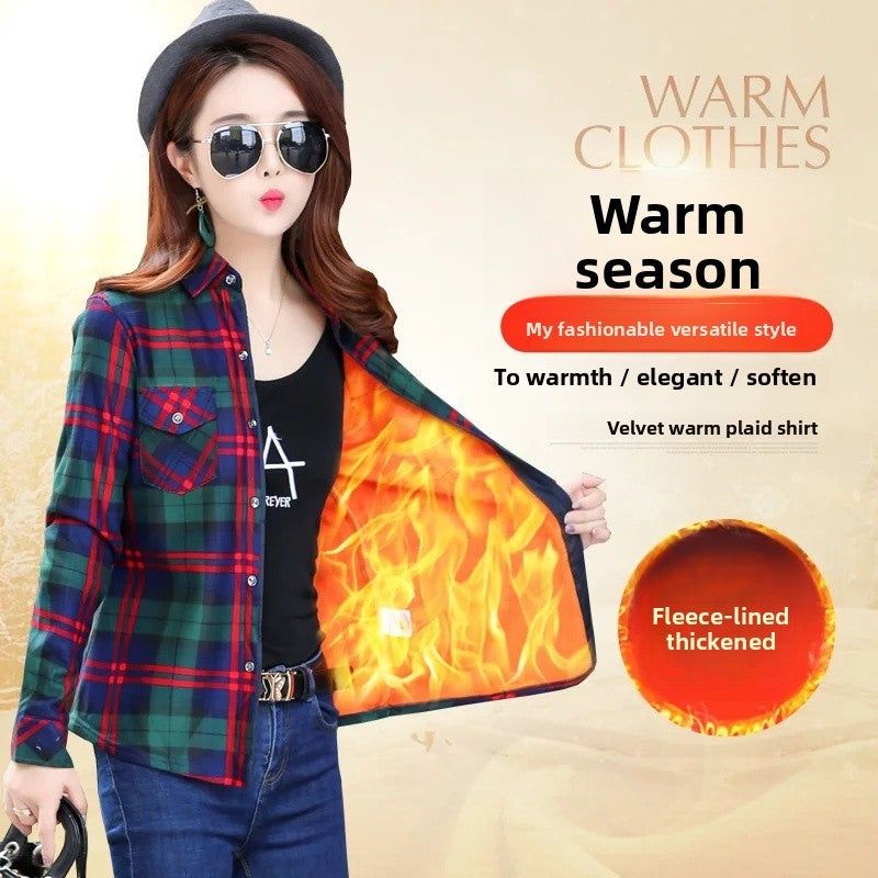 Women's Fleece Lined Long Sleeve Shirt Mid Length Thick Winter Warm Korean Style Elastic plus Size Plaid Patterned Button up