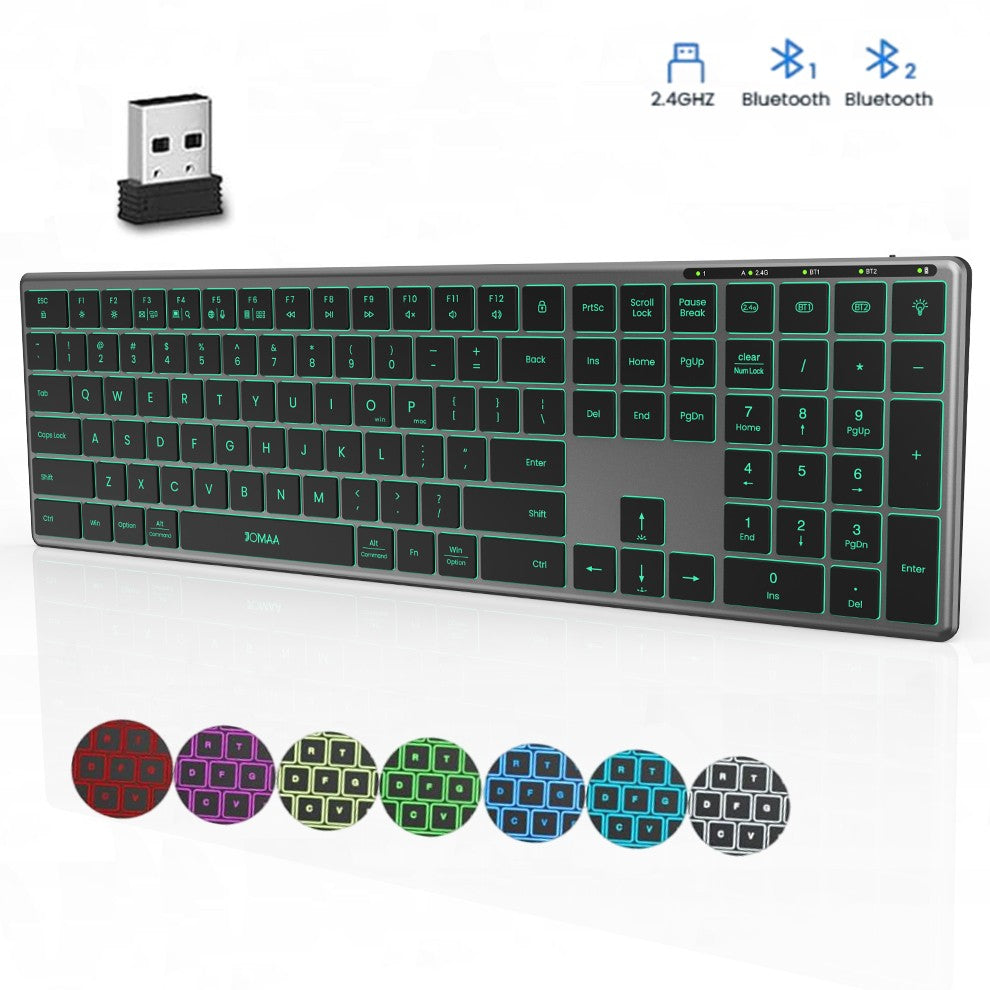 Teclado Bluetooth Retroiluminado Multidispositivo Tamanho Normal Teclado Sem Fio com Teclado Numérico, Teclado Multimídia Fino Recarregável