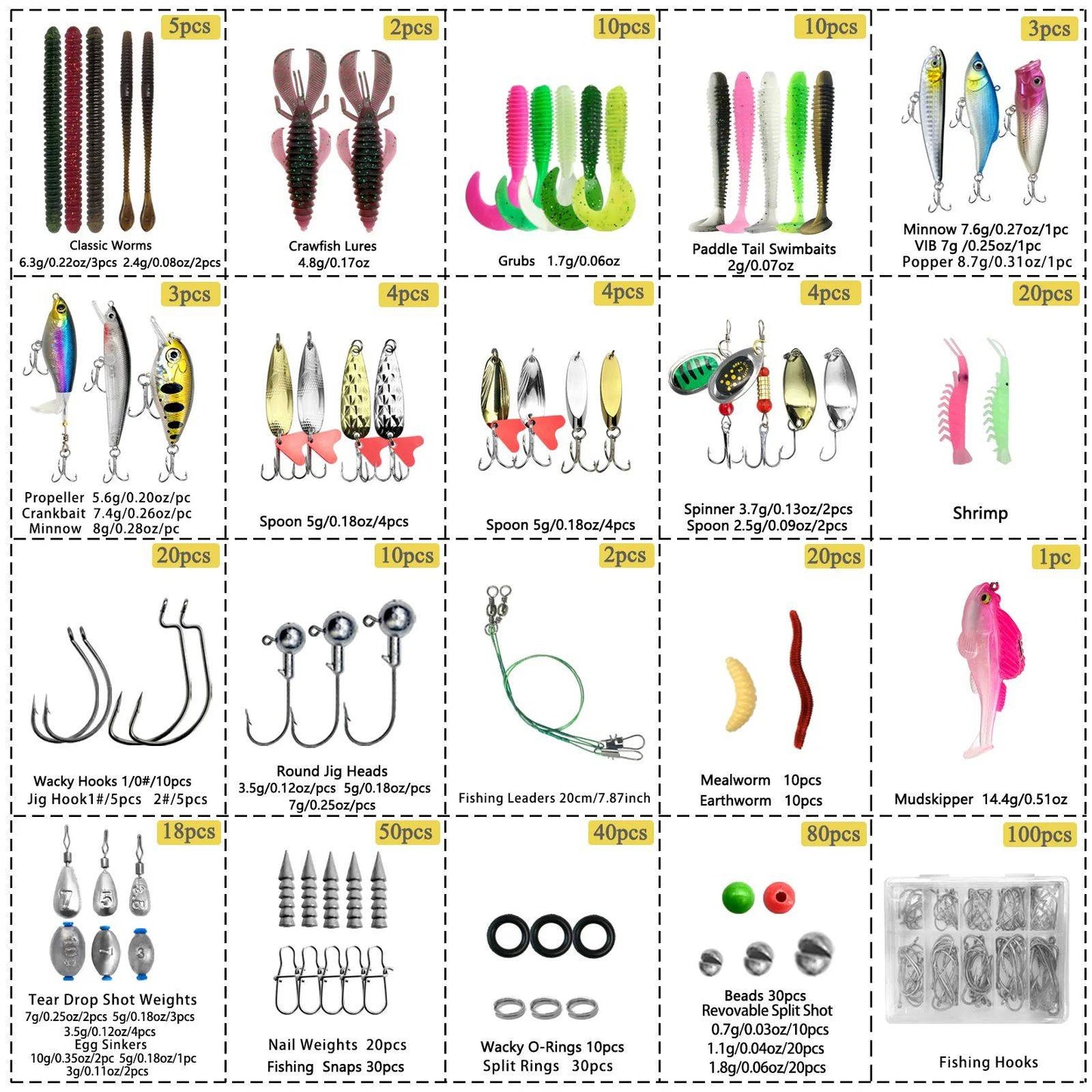 Kit de Iscas de Pesca 83/133/193/239/409 peças para Truta/Lúcio/Baixo, Conjunto de Iscas Múltiplas, Caixa de Pesca Profissional em Camadas