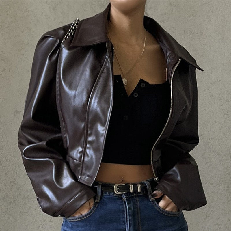 2025 Fashion Faux Leather Jacket Aesthetic Fashion Streetwear Turn-down Collar Coat Women Autumn Casual Simple Long Sleeve Coats