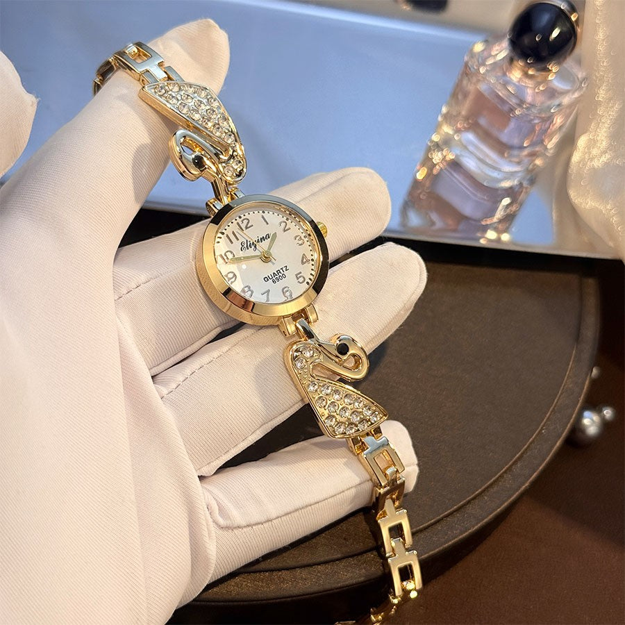 4-Piece Set Pearl Watch Chain Arabic Numeral Quartz Watch Large Pearl Necklace Diamond-Encrusted Ring And Earrings Jewelry Gift