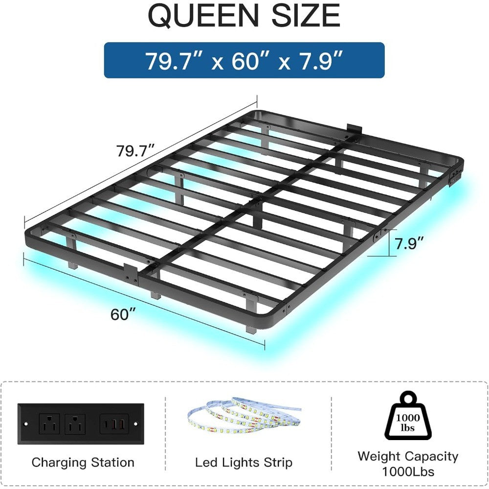 Cama Queen Size Suspensa - Estrutura de Cama de Plataforma de Metal com Luzes LED Inteligentes e Estação de Carregamento, Não Precisa de Box, Fácil Montagem