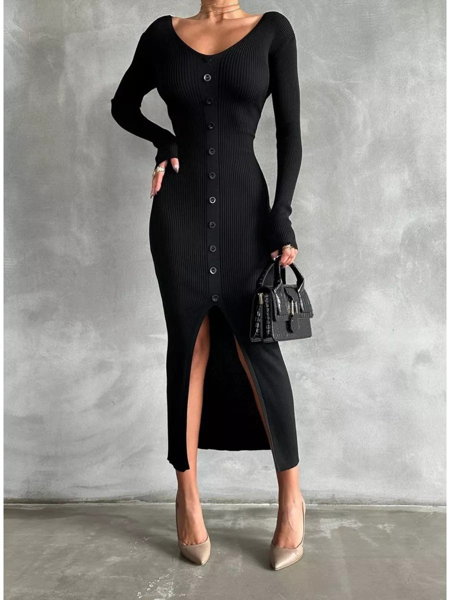 2025 Knitted Dress For Women Vintage Fashion Long Sleeve Dresses Solid Single Breasted V Neck Midi Autumn Winter Dress ???????