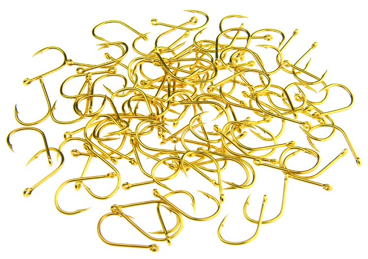 100 pçs/lote Aço Carbono Alto Anzóis de Mosca Dourados 3#-12# Anzóis de Pesca Jig Anzol Farpado com Furo Acessório de Pesca Pesca
