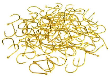 100 pçs/lote Aço Carbono Alto Anzóis de Mosca Dourados 3#-12# Anzóis de Pesca Jig Anzol Farpado com Furo Acessório de Pesca Pesca