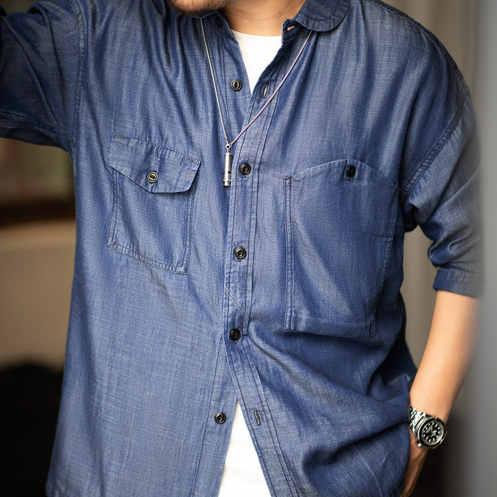 Maden 2023 Autumn Men's Vintage Tencel Denim Shirts Amekaji Lycra Long Sleeve CPO Shirt Jacket Uncle Fu Brand Luxury Jean Blouse