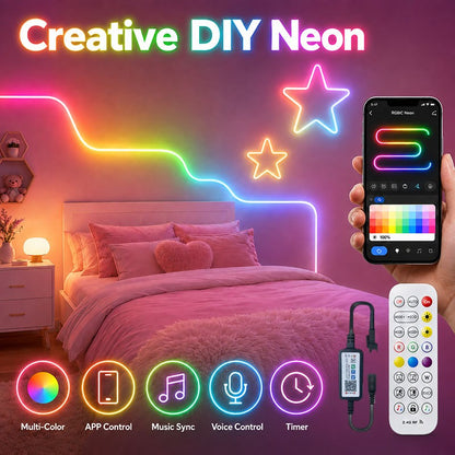 DC 24V 5-20M RGBIC Neon Rope Light, APP & Remote Control, Music Sync, Flexible Lamp Tape,Waterproof LED Strip for Indoor Outdoor