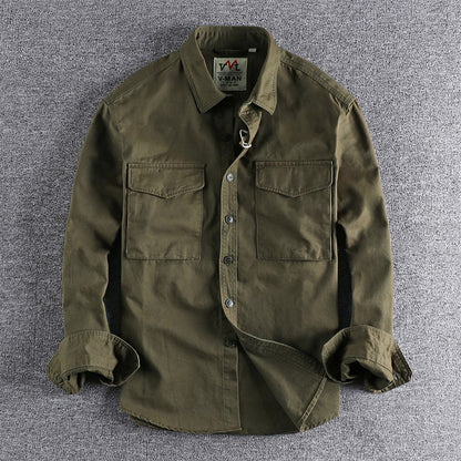 Spring New Japanese Retro Long-Sleeve Lapel Woven Cargo Shirt Men's Simple 100% Cotton Washed Double Pocket Casual Youth Blouses