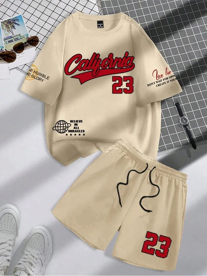 2025 summer new trend men's suit round neck short sleeve set fashion personalized alphanumeric print round neck T-shirt and shor