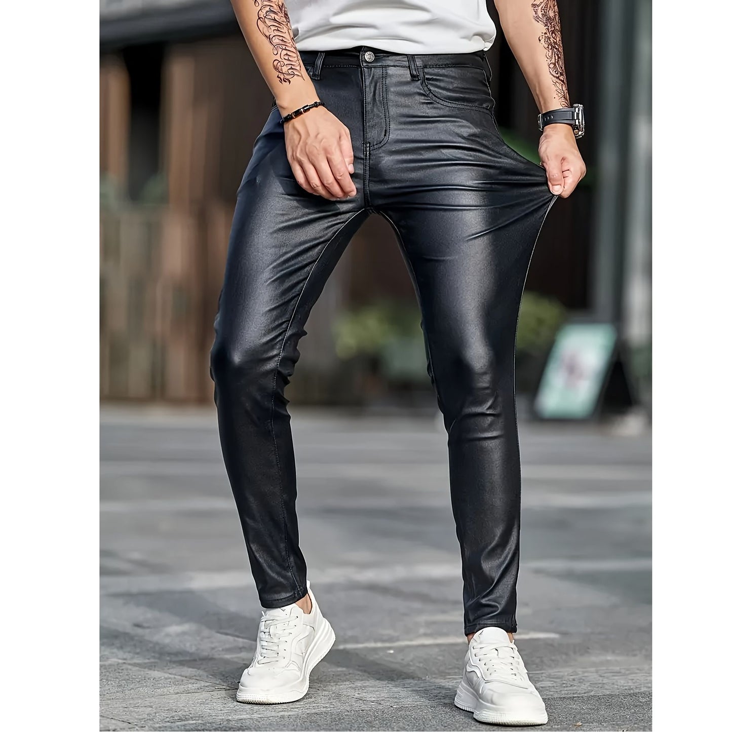 European and American men's plus size hot fashion black leather pants trend high-end slim fit small leg pants versatile pants