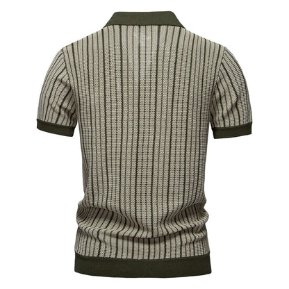 AIOPESON 2025 Men's Striped Mesh Polo Shirt - Breathable Contrast Panel Knit Top with Turn-Down Collar