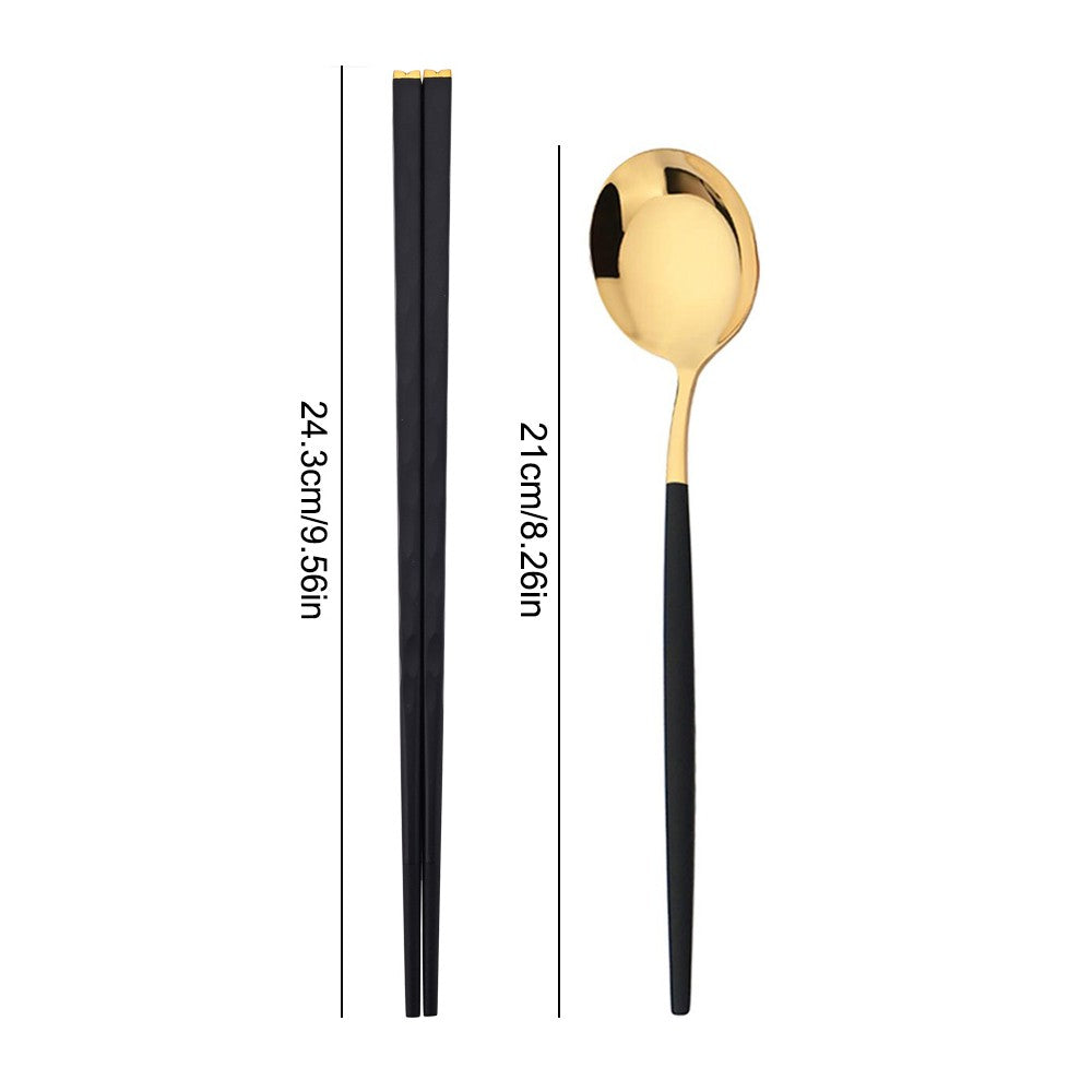 Conjunto de Talheres Portátil para Viagem Preto e Prata com 10 Peças, Hashis Colher de Aço Inoxidável, Conjunto de Utensílios de Mesa Coreano de Luxo