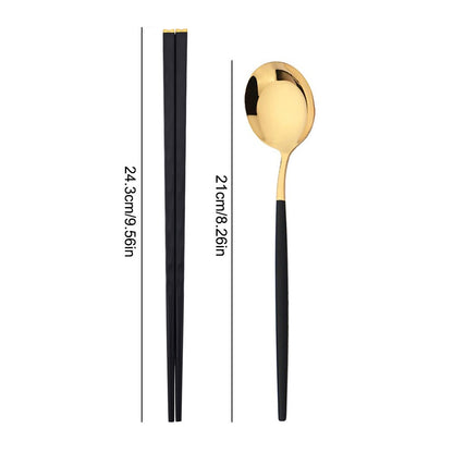 Conjunto de Talheres Portátil para Viagem Preto e Prata com 10 Peças, Hashis Colher de Aço Inoxidável, Conjunto de Utensílios de Mesa Coreano de Luxo