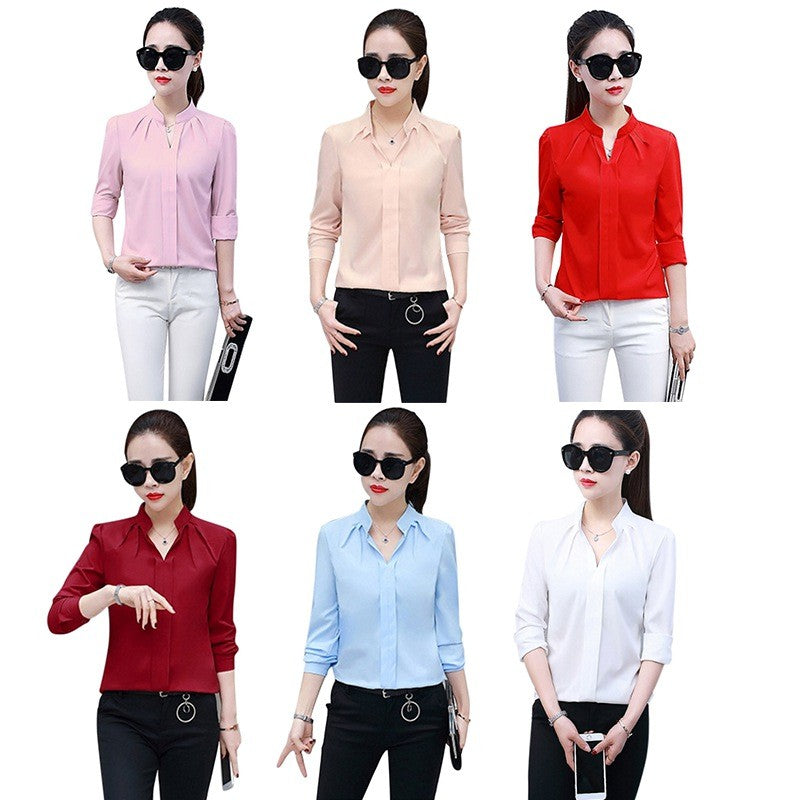 Autumn Spring Fashion Sexy V-Neck Shirt Women OL Formal Long Sleeve Chiffon Blouse M-2XL