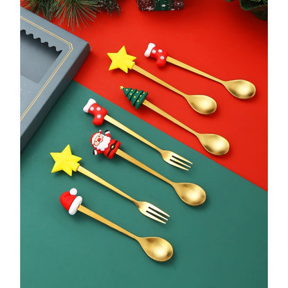 Christmas Cutlery Set Elk Dessert Scoop Fruit Fork Coffee Spoon Stainless Steel Dessert Fork 4/6PCS Christmas Spoons Fork Set