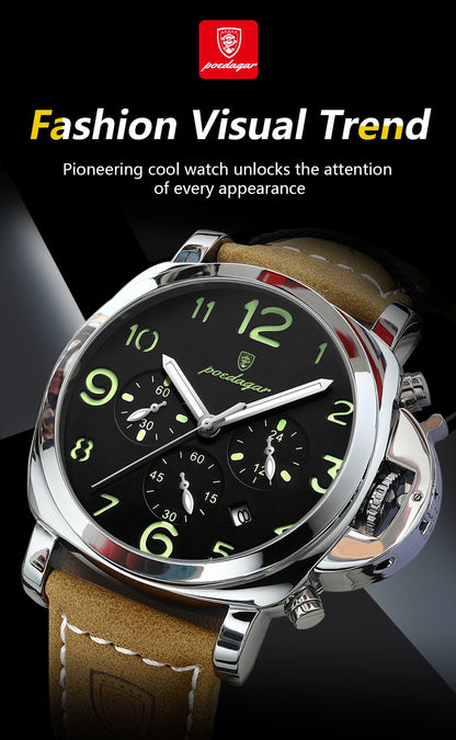 POEDAGAR Top Luxury Fashion Watch For Men Waterproof Luminous Chronograph Man Watch Leather Military Men's Quartz Watches Reloj