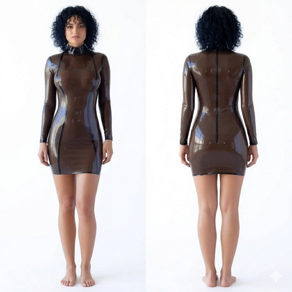Women's Chocolate Latex Catsuit Halter Neck Long Sleeve Bodycon Mini Dress Party Cosplay Halloween Costume