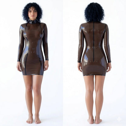 Women's Chocolate Latex Catsuit Halter Neck Long Sleeve Bodycon Mini Dress Party Cosplay Halloween Costume