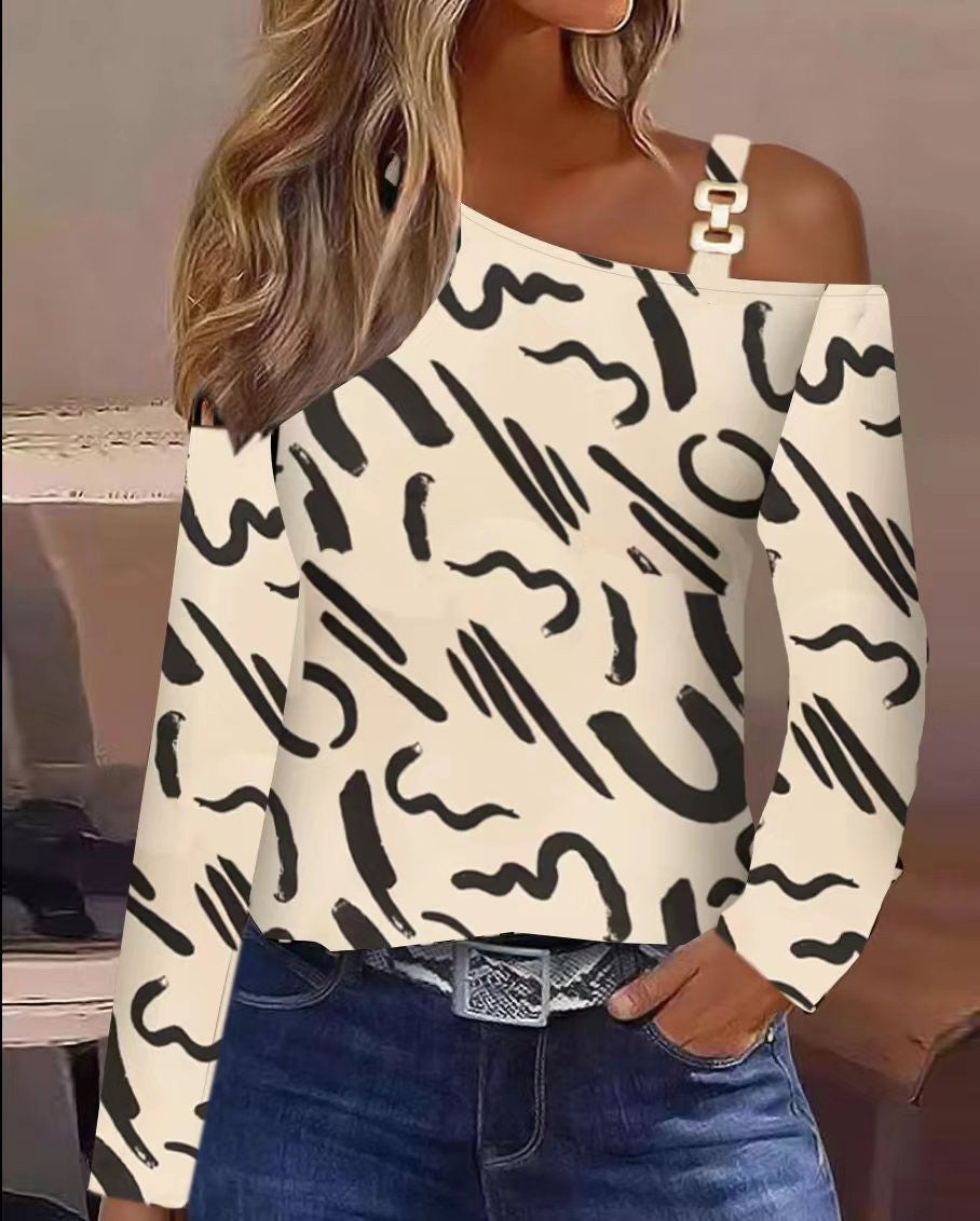 Elegant Women Sexy Loose Blouse 2025 Spring Winter One Shoulder Hollow Out Chain Hanging Neck Printed Button Fashion Female Tops