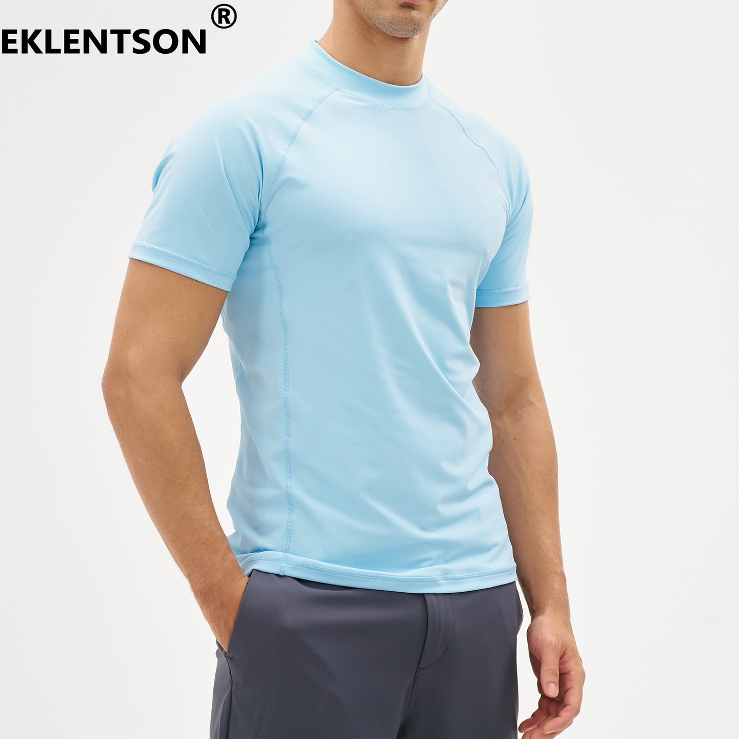 EKLENSON Men's Rashguard Swim Shirt Short Sleeve Mock Neck UPF 50+ T Shirts Loop Hem Quick Dry Loose Fit Water Surfing Shirt