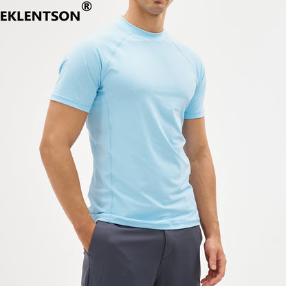EKLENSON Men's Rashguard Swim Shirt Short Sleeve Mock Neck UPF 50+ T Shirts Loop Hem Quick Dry Loose Fit Water Surfing Shirt