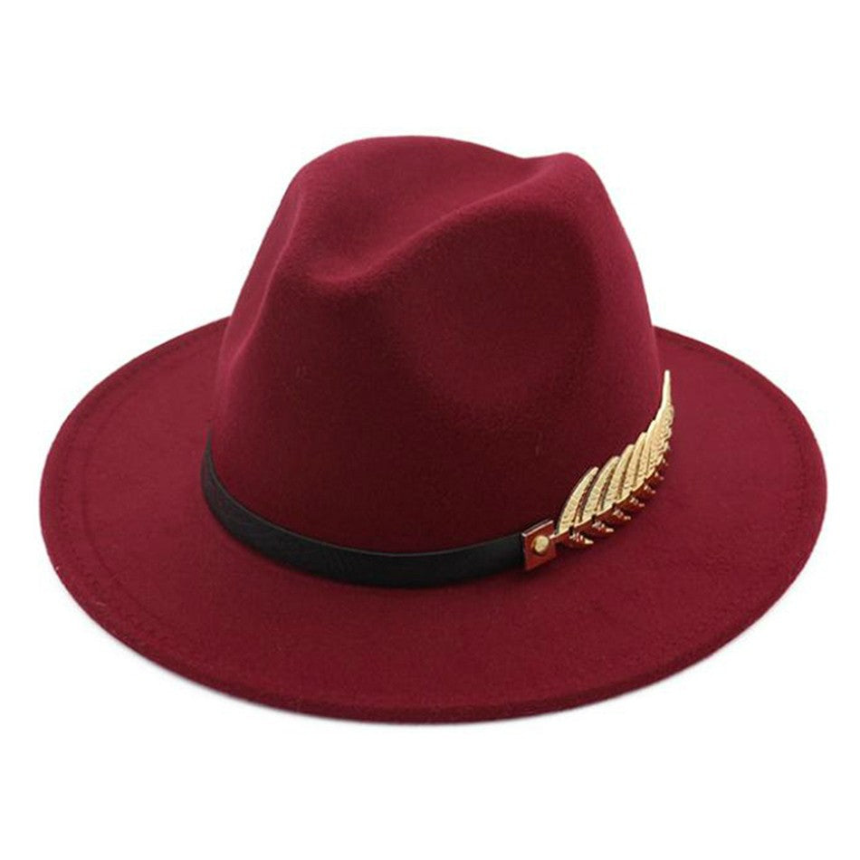 SHOWERSMILE Burgundy Women Fedora Hat Winter Female Wool Felt Hat Leaf Large Brim British Style Retro Jazz Cap Accessories