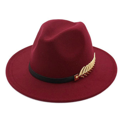 SHOWERSMILE Burgundy Women Fedora Hat Winter Female Wool Felt Hat Leaf Large Brim British Style Retro Jazz Cap Accessories