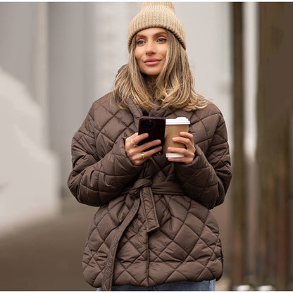 Solid Lapel Lace Up Cotton Coat Women Fashion Long Sleeve Warm Loose Pocket Short Coats Lady New Winter Commute Street Outwears