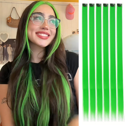 6 Pcs Clip Extensions, 24 Inch Colored Hair Extensions Party Highlights Long Straight Synthetic Hairpieces for Women Kids Girl