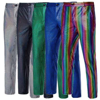 Novas Calças Masculinas Luxuosas de Terno Xadrez com Lantejoulas Moda Masculina Festa de Dança Bar KTV Casual Calças Pequenas Elásticas