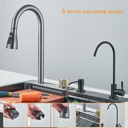 304 Stainless Steel Waterfall Kitchen Sink Sink Large Single basin With Large Single Slot Sink Above Counter With Cup Disher