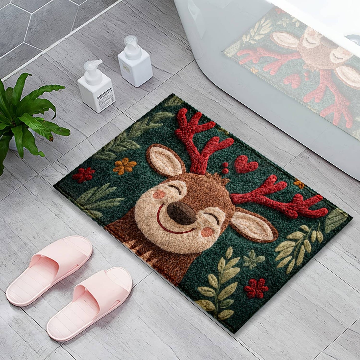 1pc Fluffy Christmas Deer Bath Mat - Quick-Dry & Absorbent, Festive Holiday Design with Red Berries & Green Leaves bathroom mat