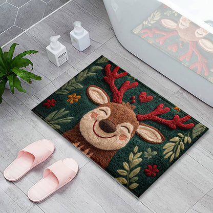 1pc Fluffy Christmas Deer Bath Mat - Quick-Dry & Absorbent, Festive Holiday Design with Red Berries & Green Leaves bathroom mat