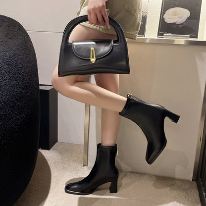 High Quality High Heel Boots Women Leather Winter Boots Women Comfortable Warm Fur Women Ankle Boots Shoes Black Brown D159