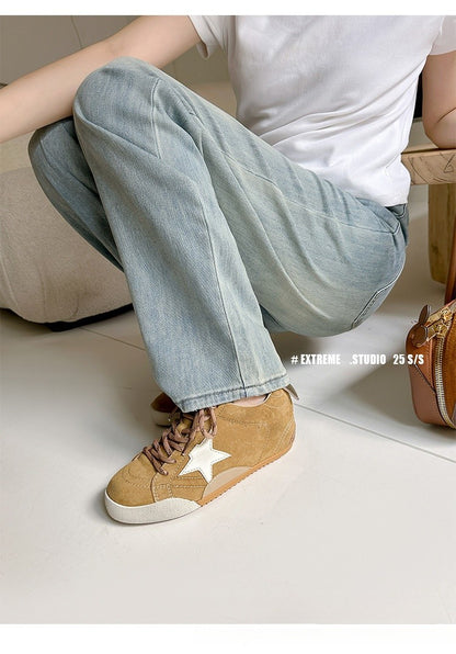 6cm de Elevação Interna Cadarços de Pato Mandarim Estrela Sapatos Sujos Femininos Vintage Sola Grossa Versátil Tênis Casual