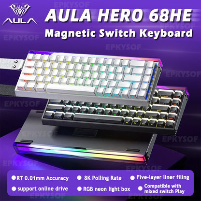Teclado Mecânico para Jogos RGB com Switches Magnéticos AULA HERO 68HE Teclado para eSports com Acionamento Rápido e Retorno de 8K com Fio Personalizado