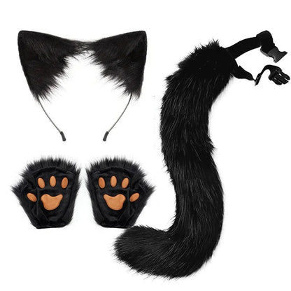 Costume Set Fox Tail Ears Gloves Artificial Fur Boot Covers Cosplay Halloween Prop Adult Women Men Unisex