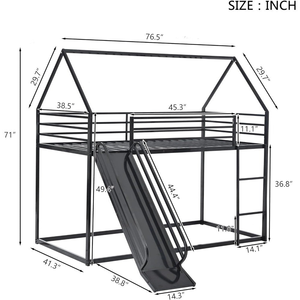 Beliche Duplo com Escorregador, Beliche Baixo Infantil de Metal com Escada e Guarda-Corpo de Comprimento Total para Menina, Menino