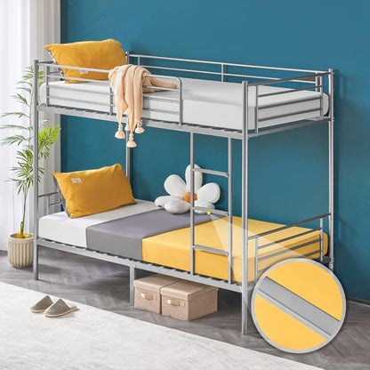Metal Bunk Bed Twin Over Twin, Heavy Duty Bunk Bed with Flat Steps for Kids, Teens & Adults, Gray